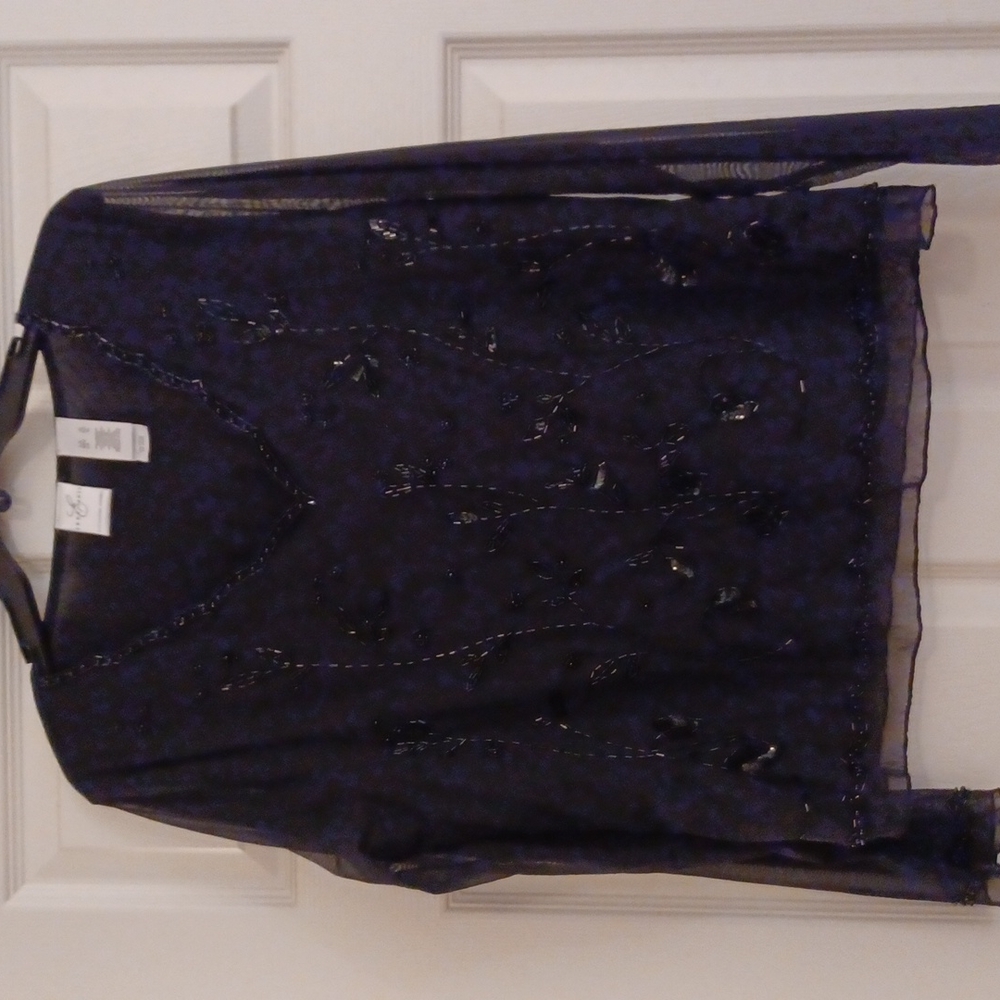 Emma James black beaded XL long sleeves sheer overlay with black lining